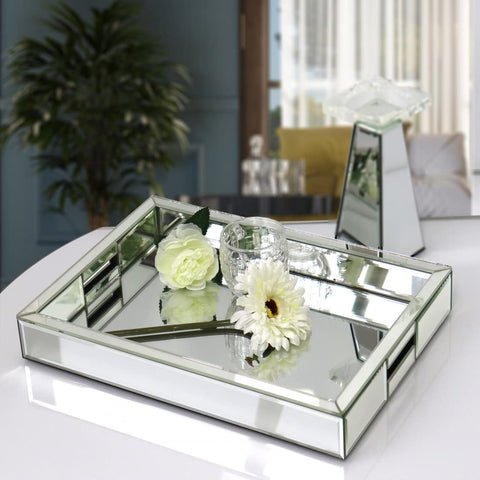 QMDECOR bathroom vanity tray in silver mirror keeps bottles organized