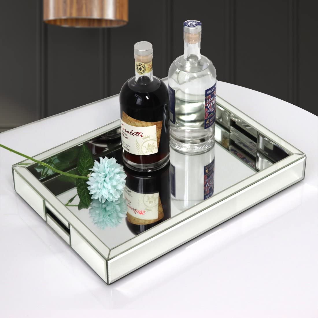 QMDECOR silver mirror tray on coffee table adds reflective storage