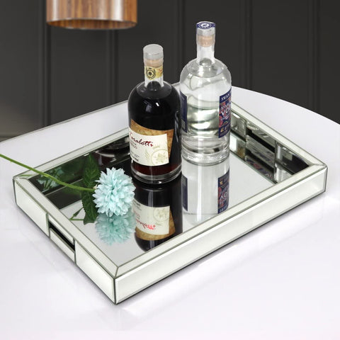 QMDECOR silver mirror tray on coffee table adds reflective storage