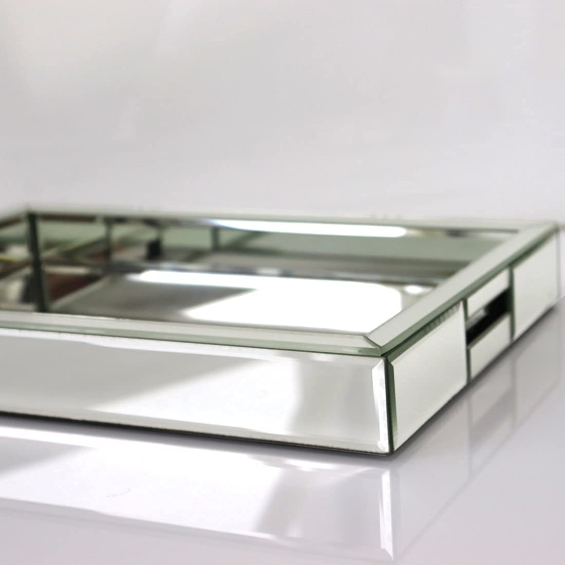 QMDECOR silver mirror vanity tray on dresser keeps jewelry neatly displayed