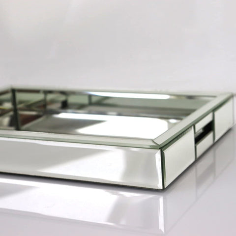 QMDECOR silver mirror vanity tray on dresser keeps jewelry neatly displayed