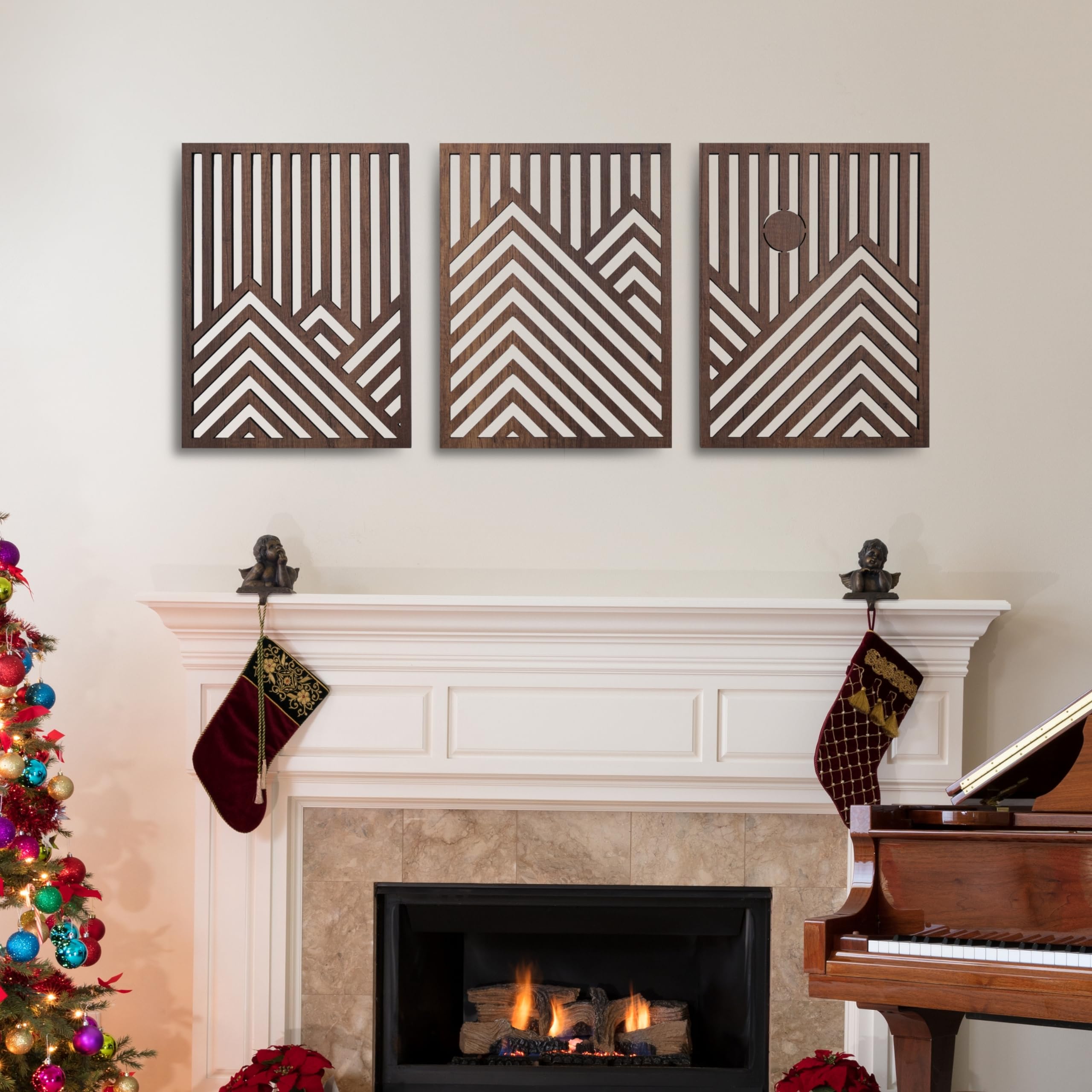 qmmp Modern Wooden Wall Sculpture Walnut Mountain serves as a bold living room centerpiece.