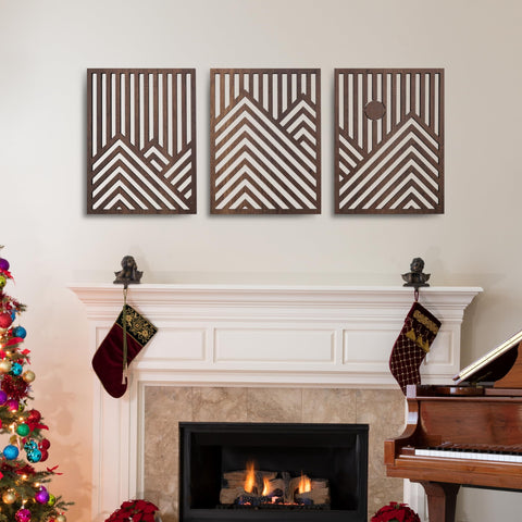 qmmp Modern Wooden Wall Sculpture Walnut Mountain serves as a bold living room centerpiece.