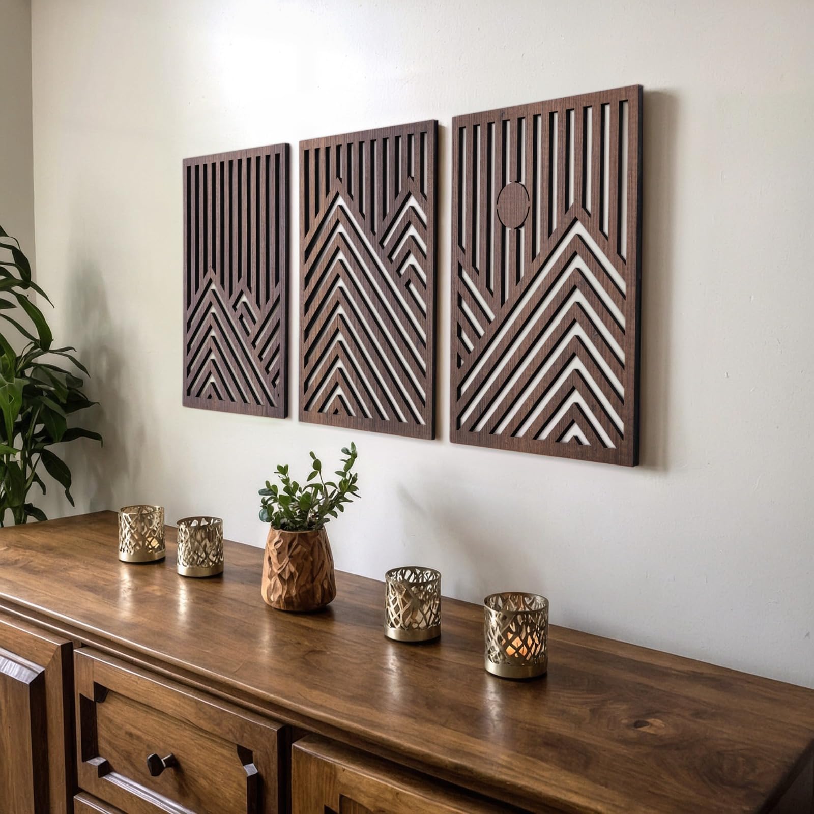 qmmp Modern Wooden Wall Sculpture Walnut Mountain enhances living rooms with natural grain warmth.