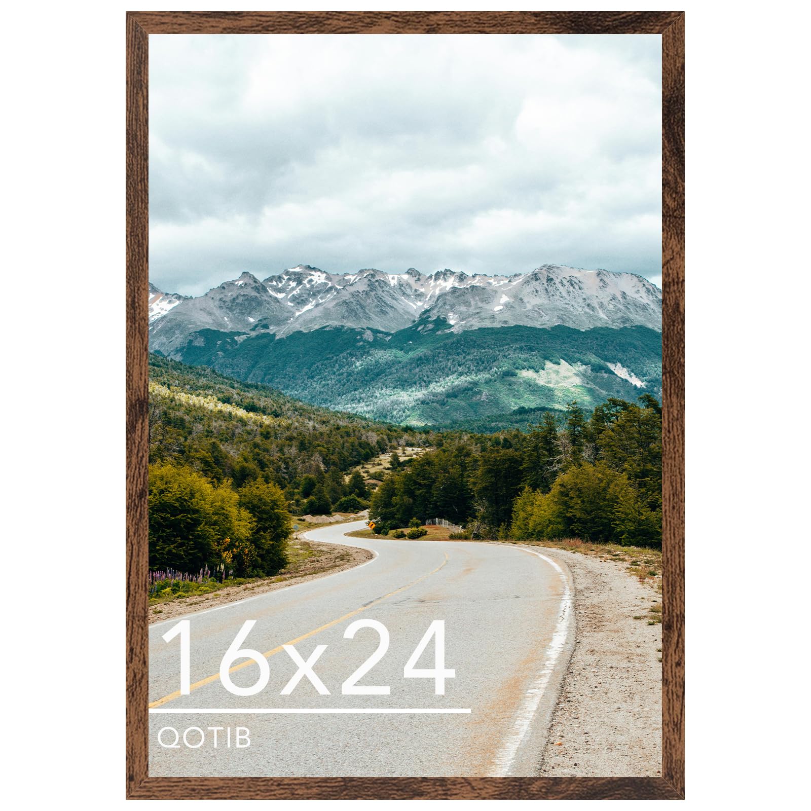 QOTIB deep brown wood frame 16x24 front view for displaying posters neatly.