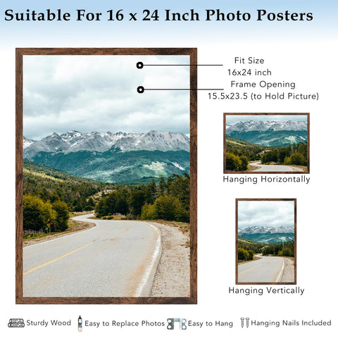 QOTIB deep brown wood frame 16x24 wall-hanging horizontal for wall decor.