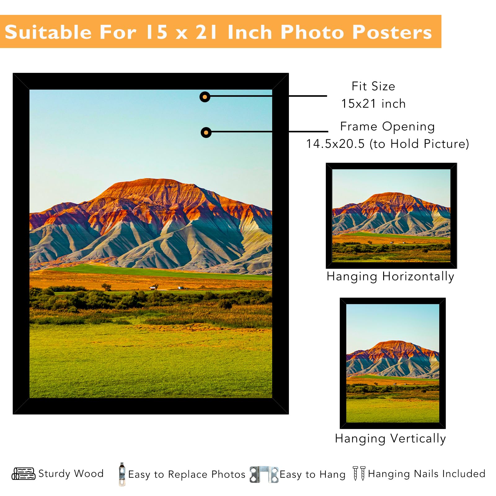 QOTIB wooden 15x21 frame back with two hooks enables vertical or horizontal hanging.