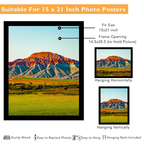 QOTIB wooden 15x21 frame back with two hooks enables vertical or horizontal hanging.