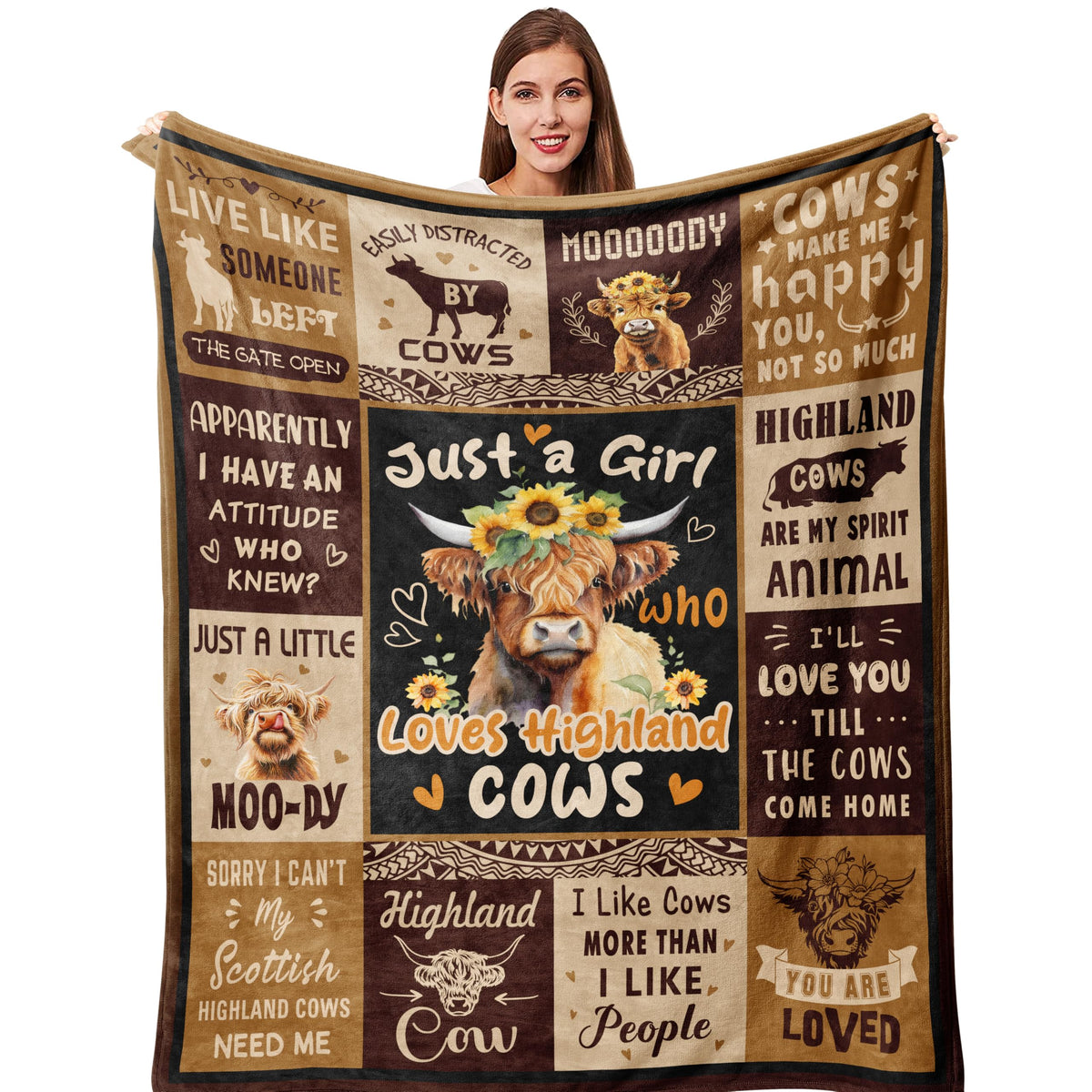 Qotuty Highland Cow Blanket shows soft throw fabric for cozy warmth