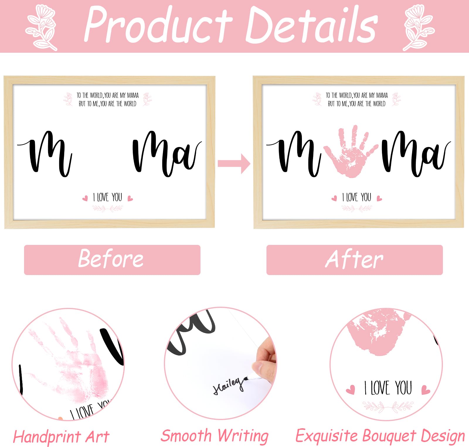 QOUBAI Mother's Day handprint kit wood frame, sturdy display for a lasting keepsake