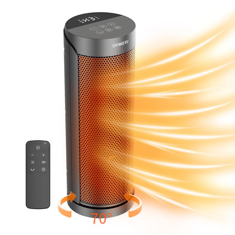 QOWETU portable heater front view highlights compact design for easy room heating.