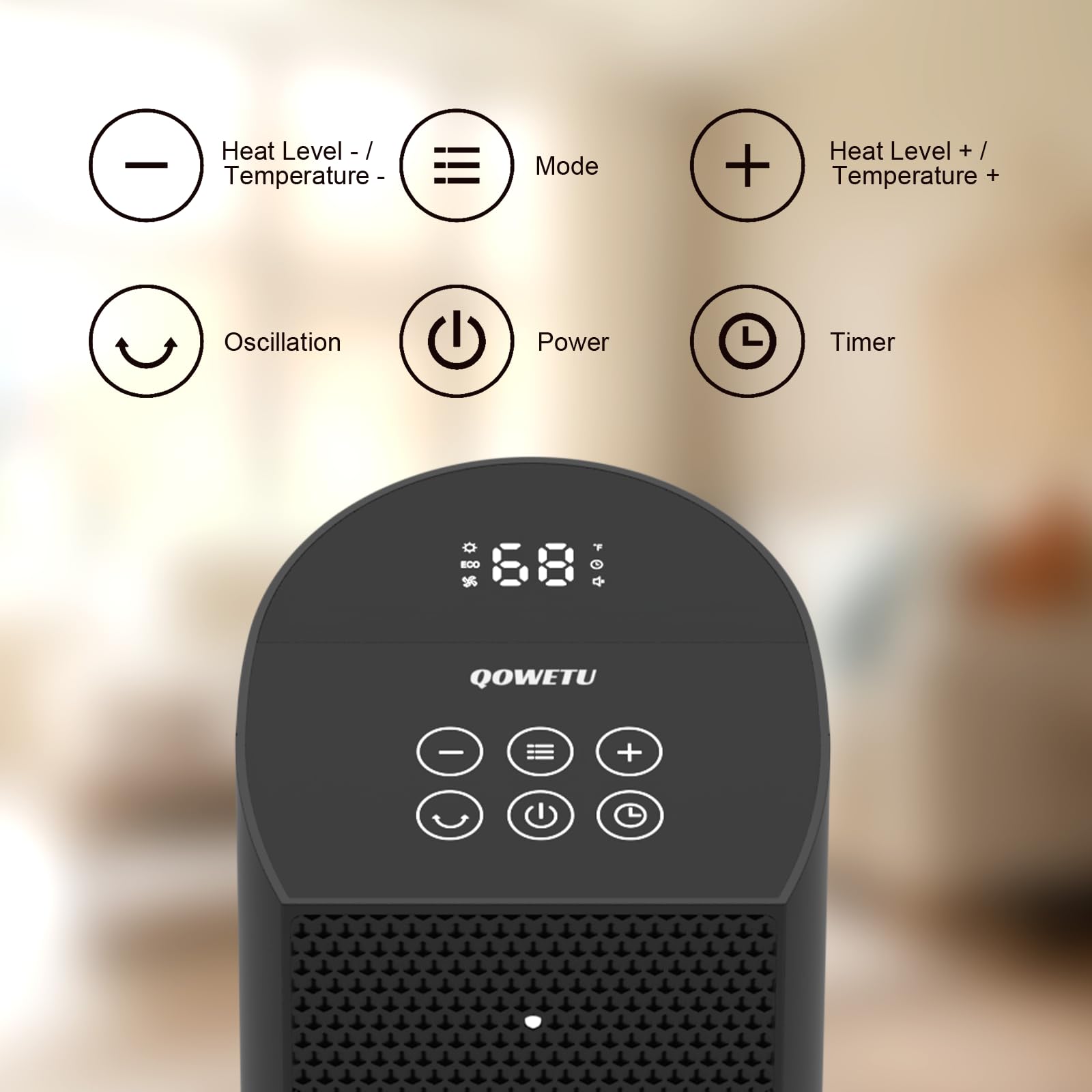 QOWETU 24-inch space heater compact body fits neatly under desks and shelves.