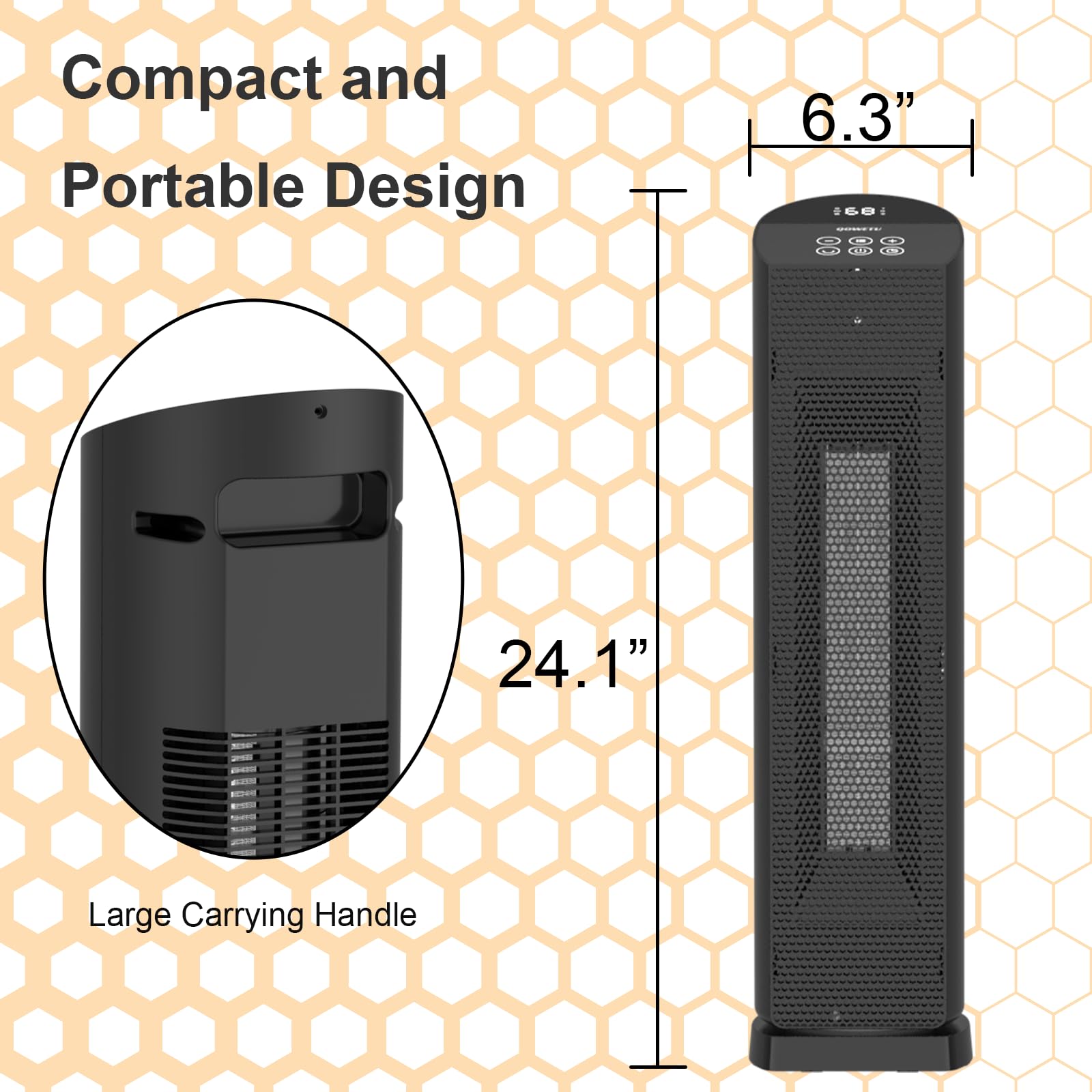 QOWETU space heater with hidden handle for easy portability.
