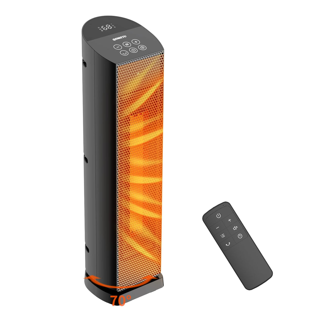 QOWETU space heater with remote control for effortless temperature adjustment in any room.