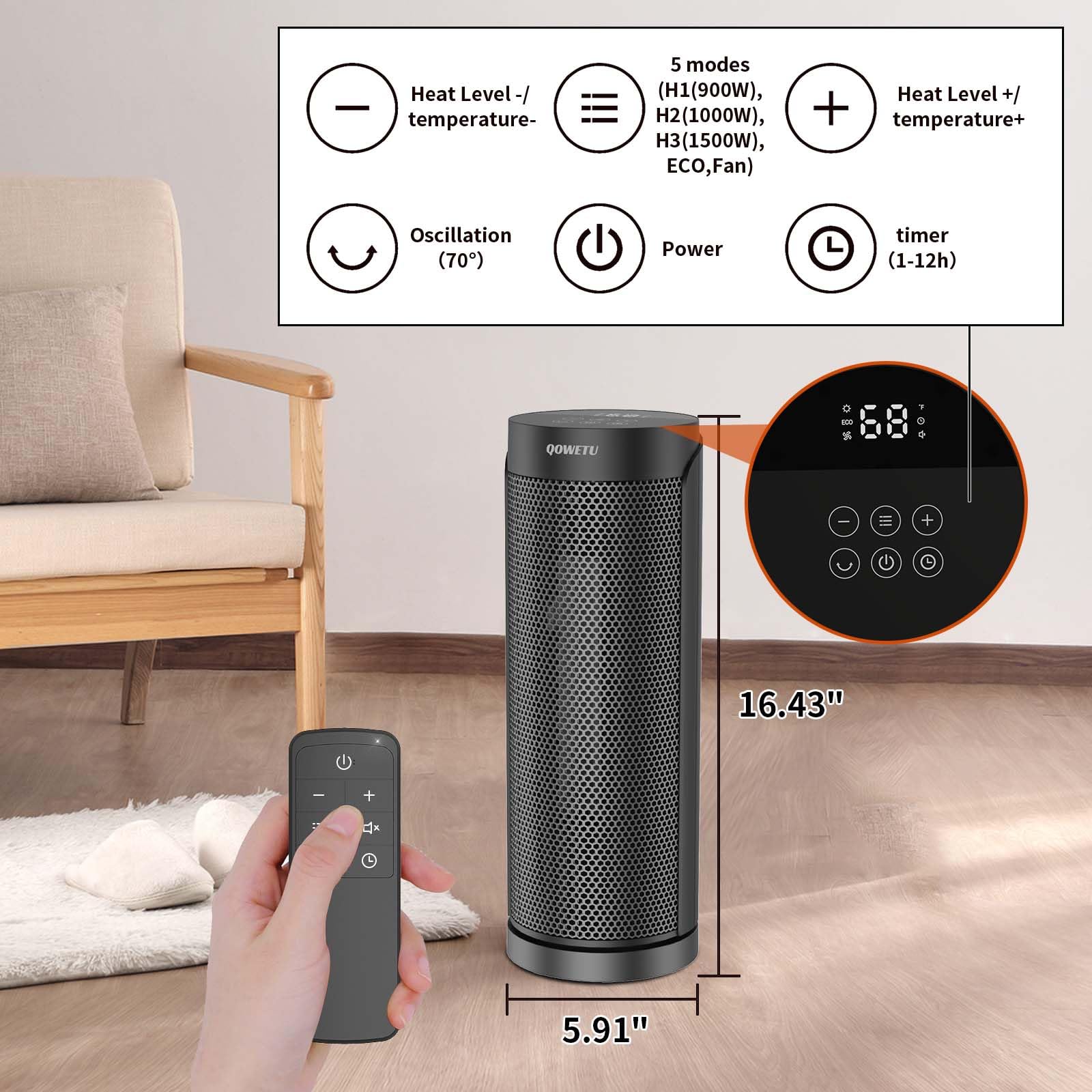 QOWETU top touchscreen controls enable quick adjustments from the heater.