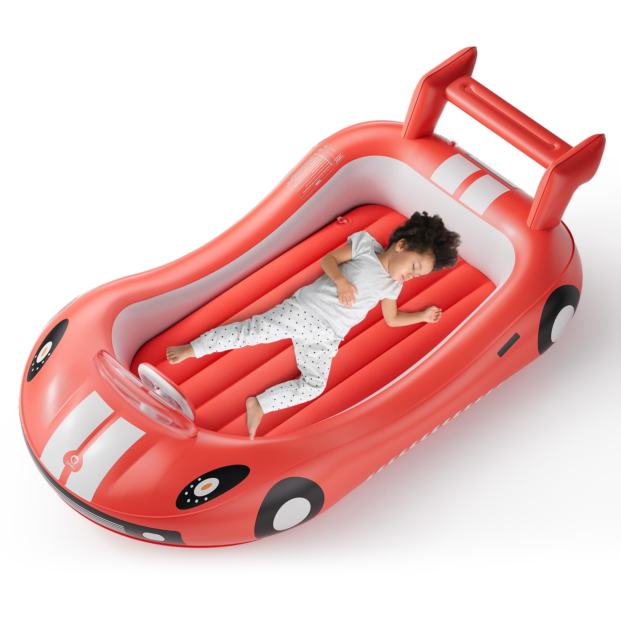 QPAU car-shaped toddler bed side view with 10-inch safety rails.