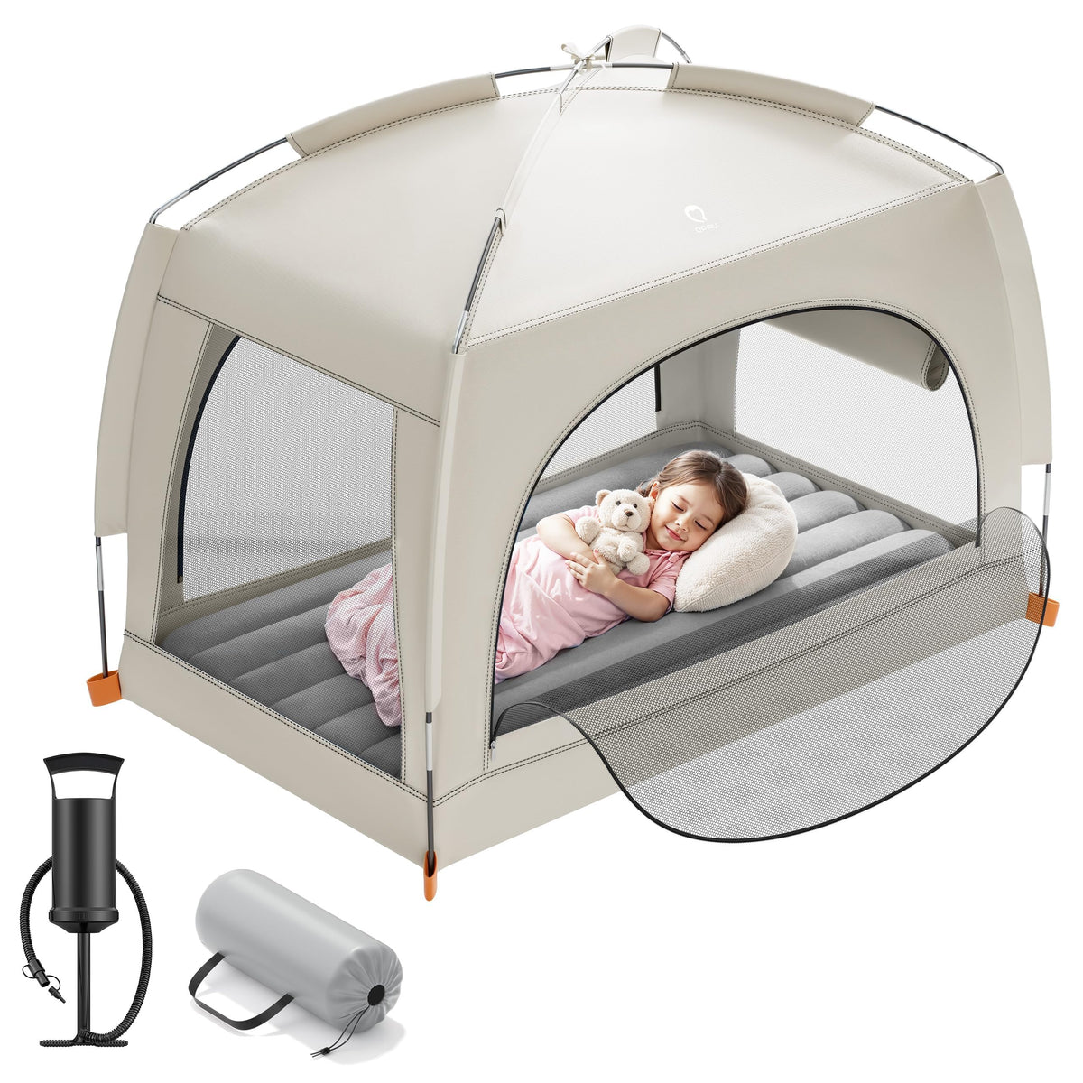 QPau inflatable toddler bed tent combo in use for safe shaded nap on the go.