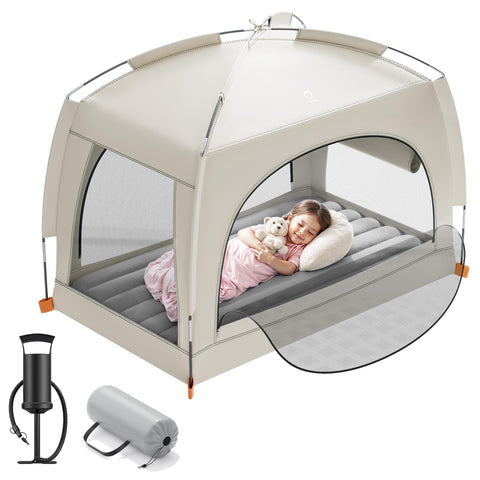 QPau inflatable toddler bed tent combo in use for safe shaded nap on the go.