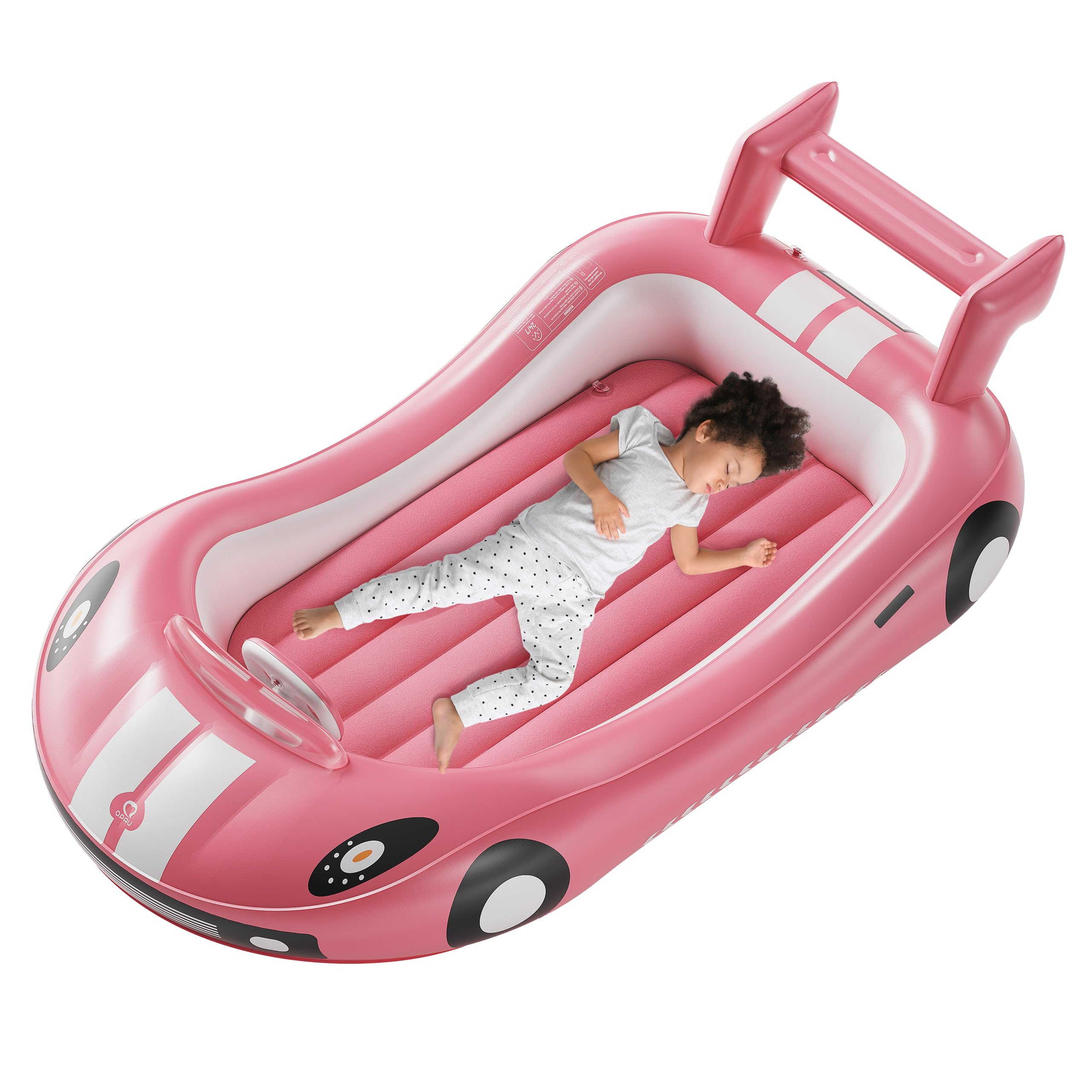 QPAU toddler travel bed in pink with race car design for bedtime fun.