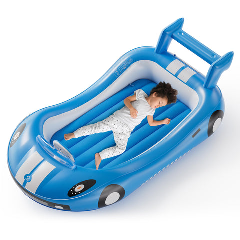 QPAU toddler travel bed with race car design adds excitement to bedtime.