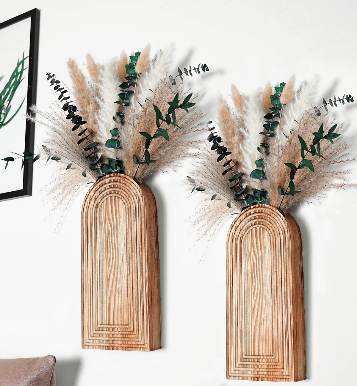 QQBABO wooden wall vases with pampas grass add boho charm to any wall.