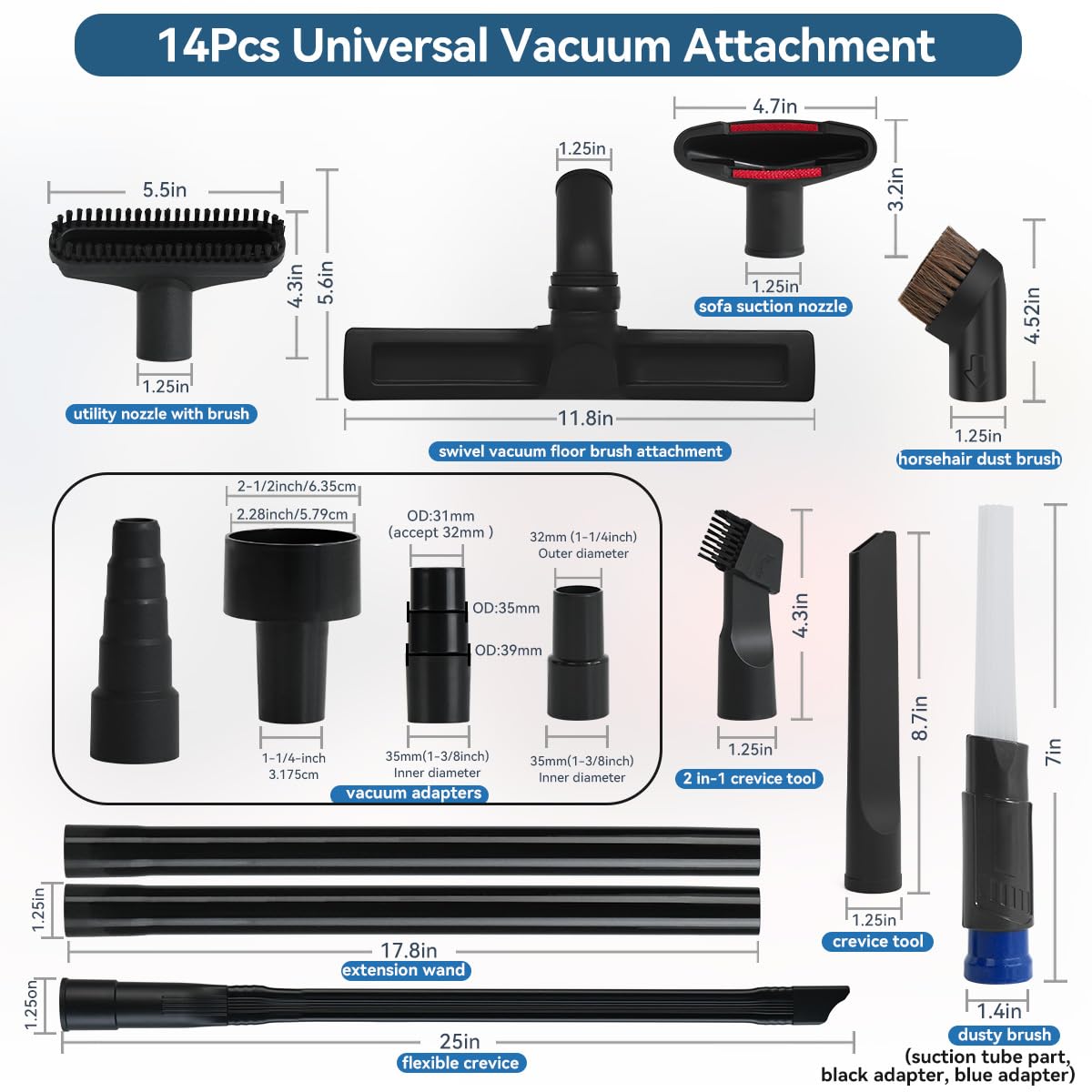QRUIHC crevice tool cleans tight gaps and under furniture.