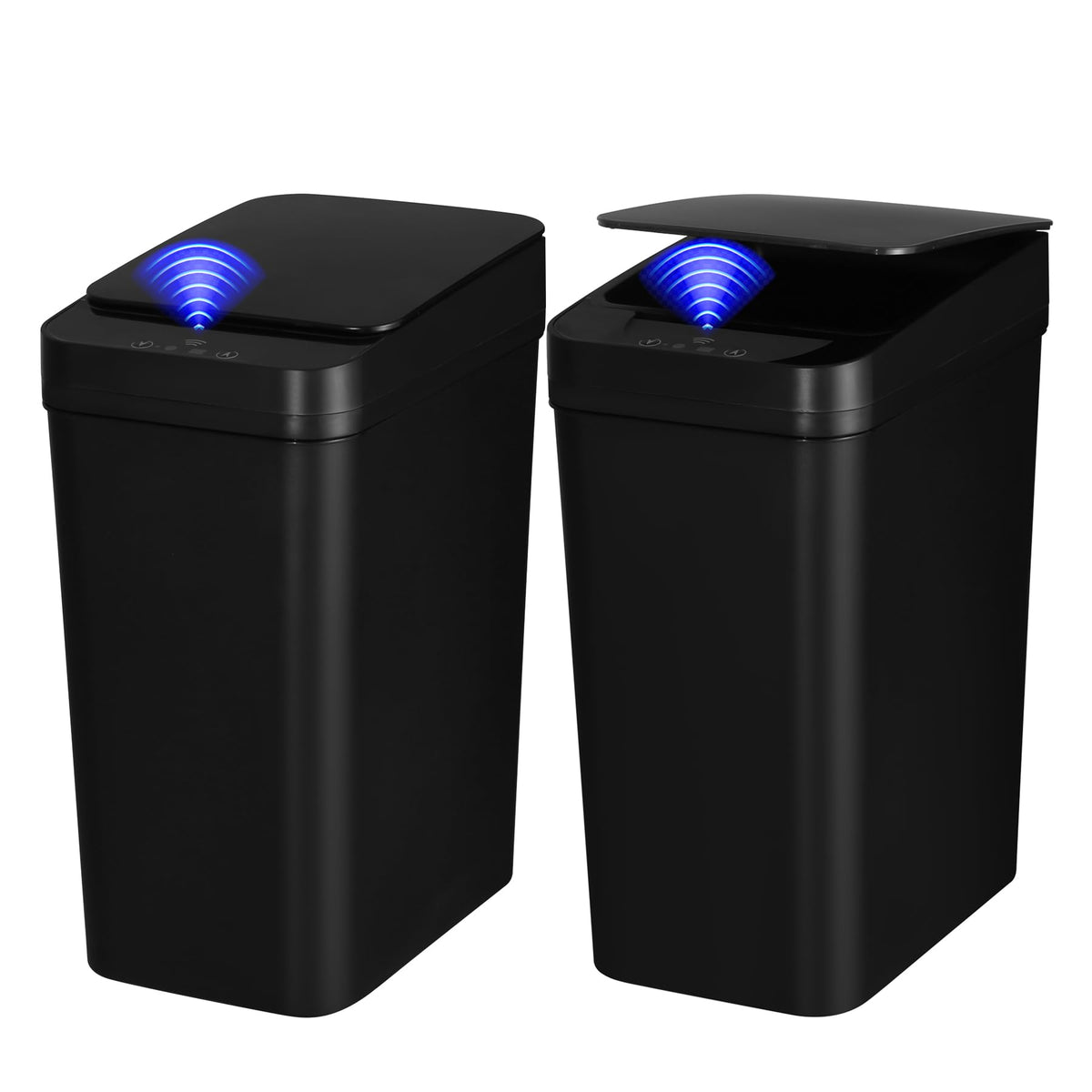 QSFWCSM 2-pack bathroom trash can shows sensor opening modes for hands-free use