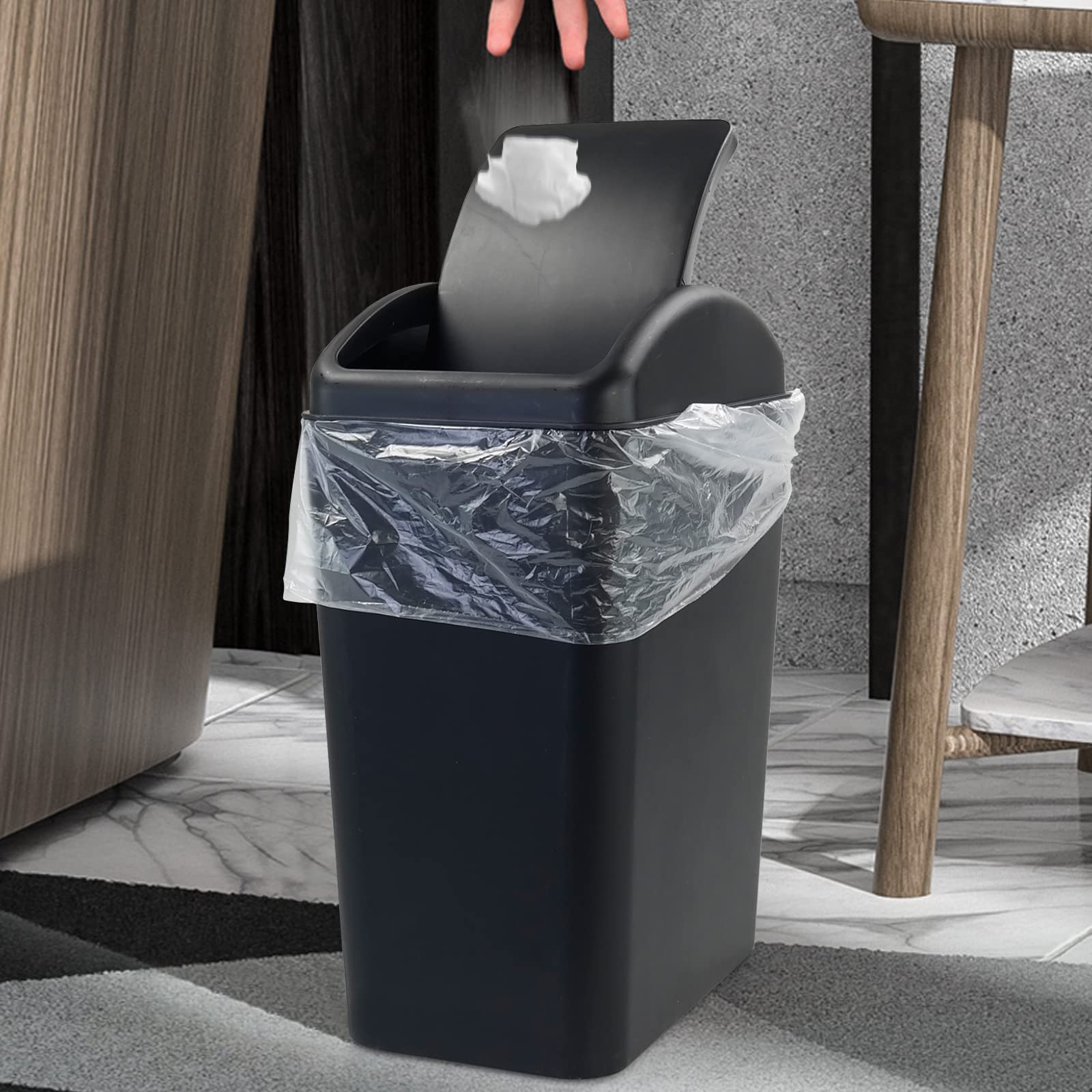 Qskely office trash can with swing-top lid for quiet disposal