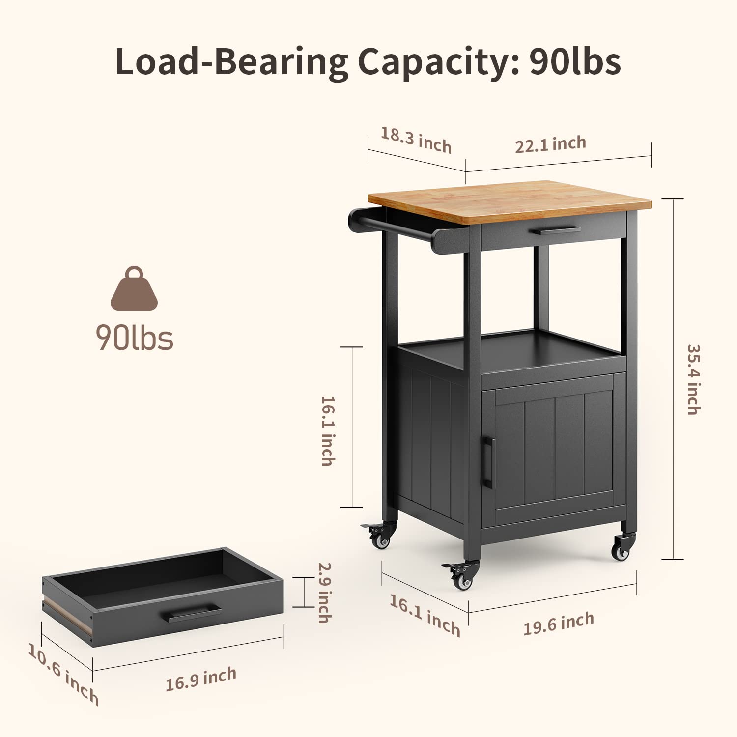 QSUN rolling cart shows microwave area and open plan for easy access