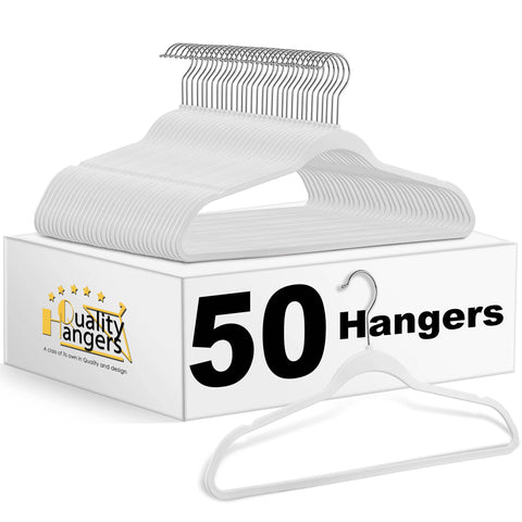Quality Hangers 50-pack non-velvet plastic hangers for efficient closet organization.