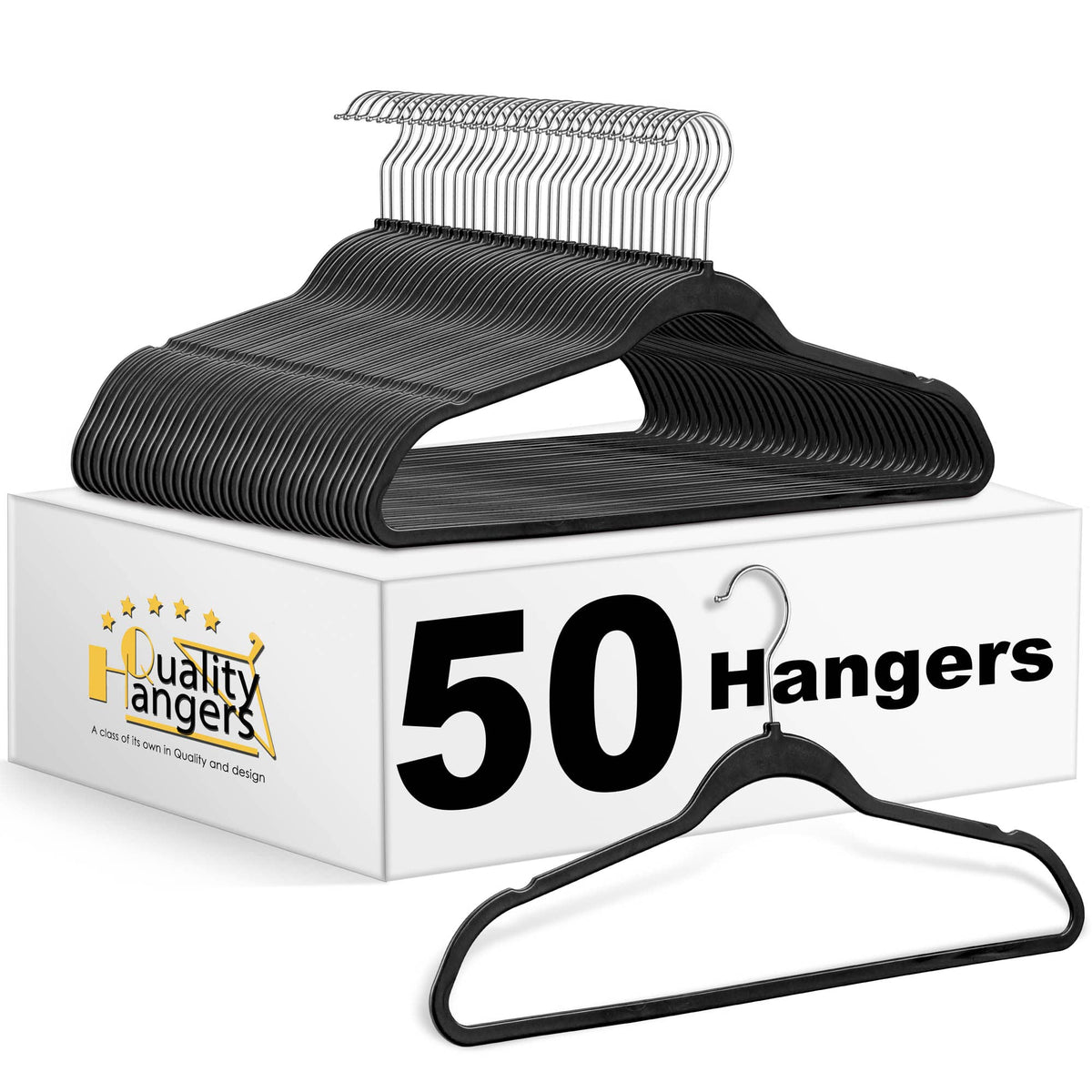 Quality Hangers 50-pack plastic hanger with 360° swivel hook for smooth, easy outfit changes.