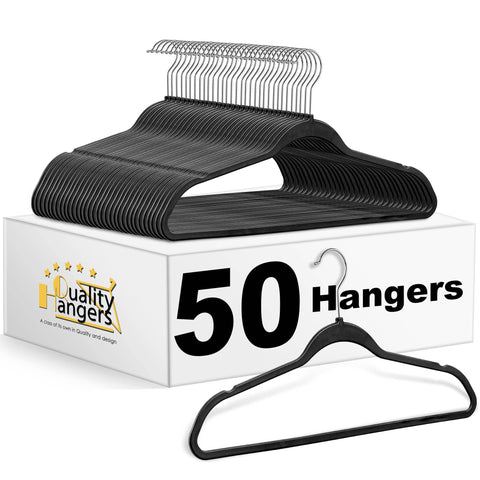 Quality Hangers 50-pack plastic hanger with 360° swivel hook for smooth, easy outfit changes.