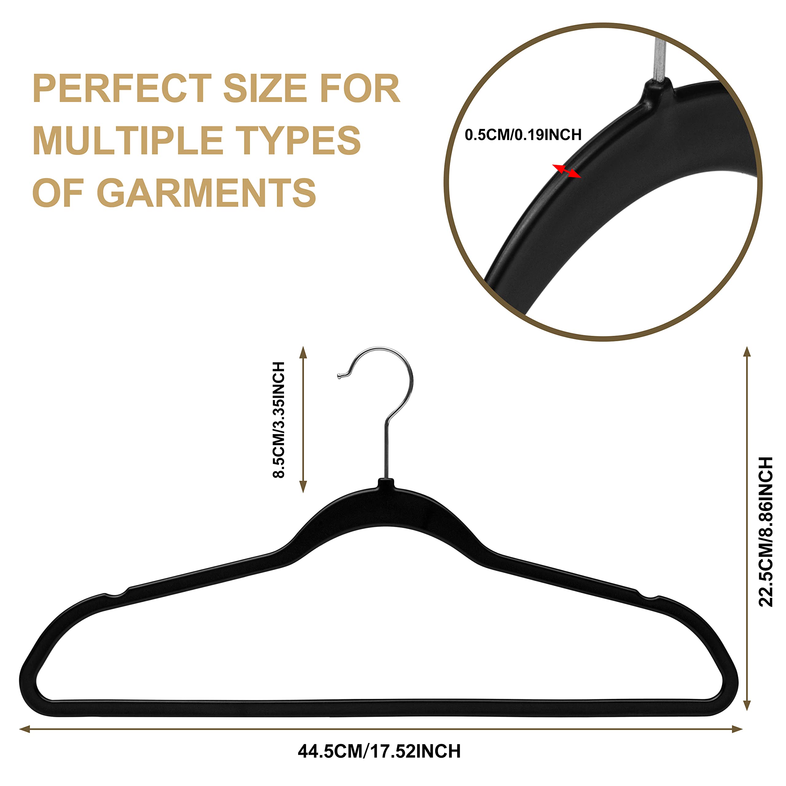 Quality Hangers black plastic hanger with non-slip notches to securely hold garments.