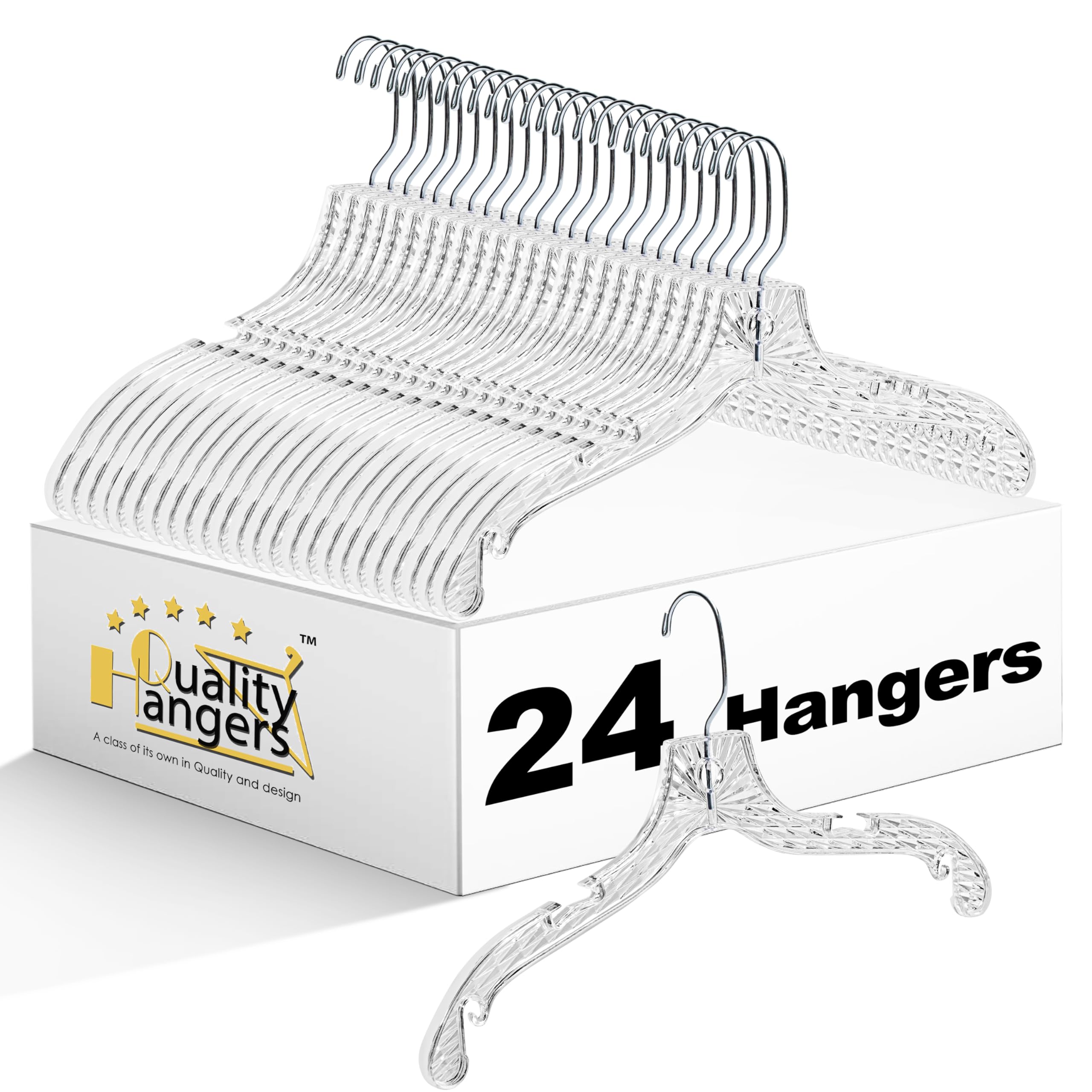 Quality Hangers clear hanger with 360° swivel hook for secure strap garments.