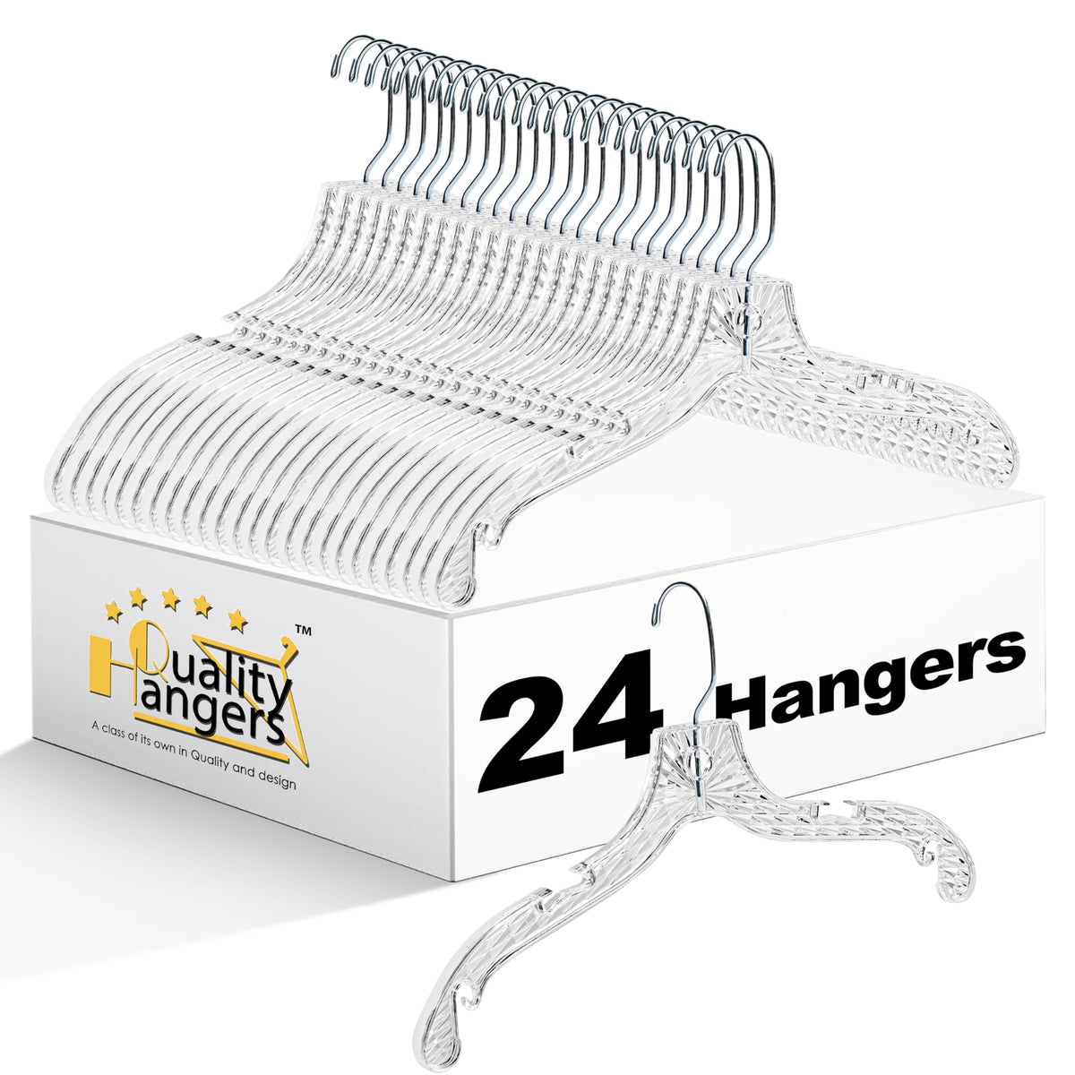 Quality Hangers clear hanger with 360° swivel hook for secure strap garments.