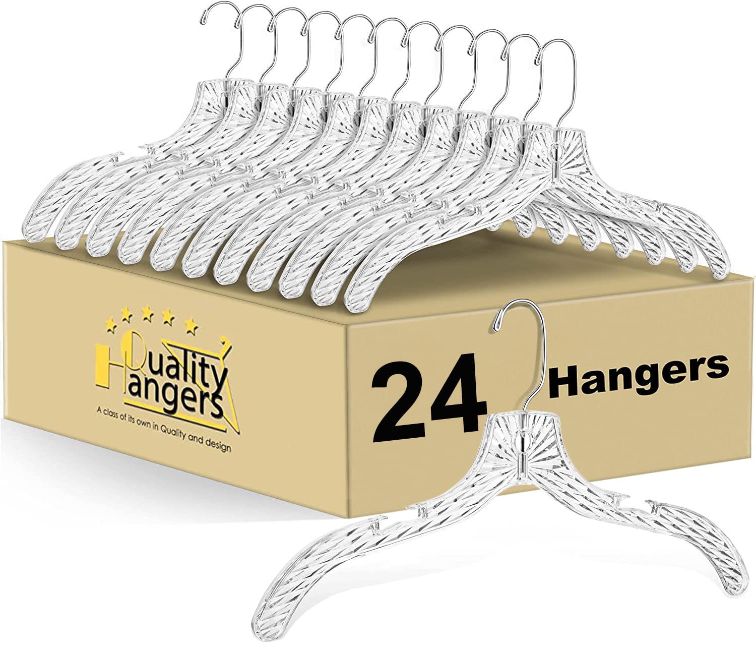 Quality Hangers clear crystal design hangers, 24-pack, keep clothes neatly displayed in the closet.