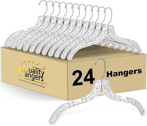 Quality Hangers clear crystal design hangers, 24-pack, keep clothes neatly displayed in the closet.