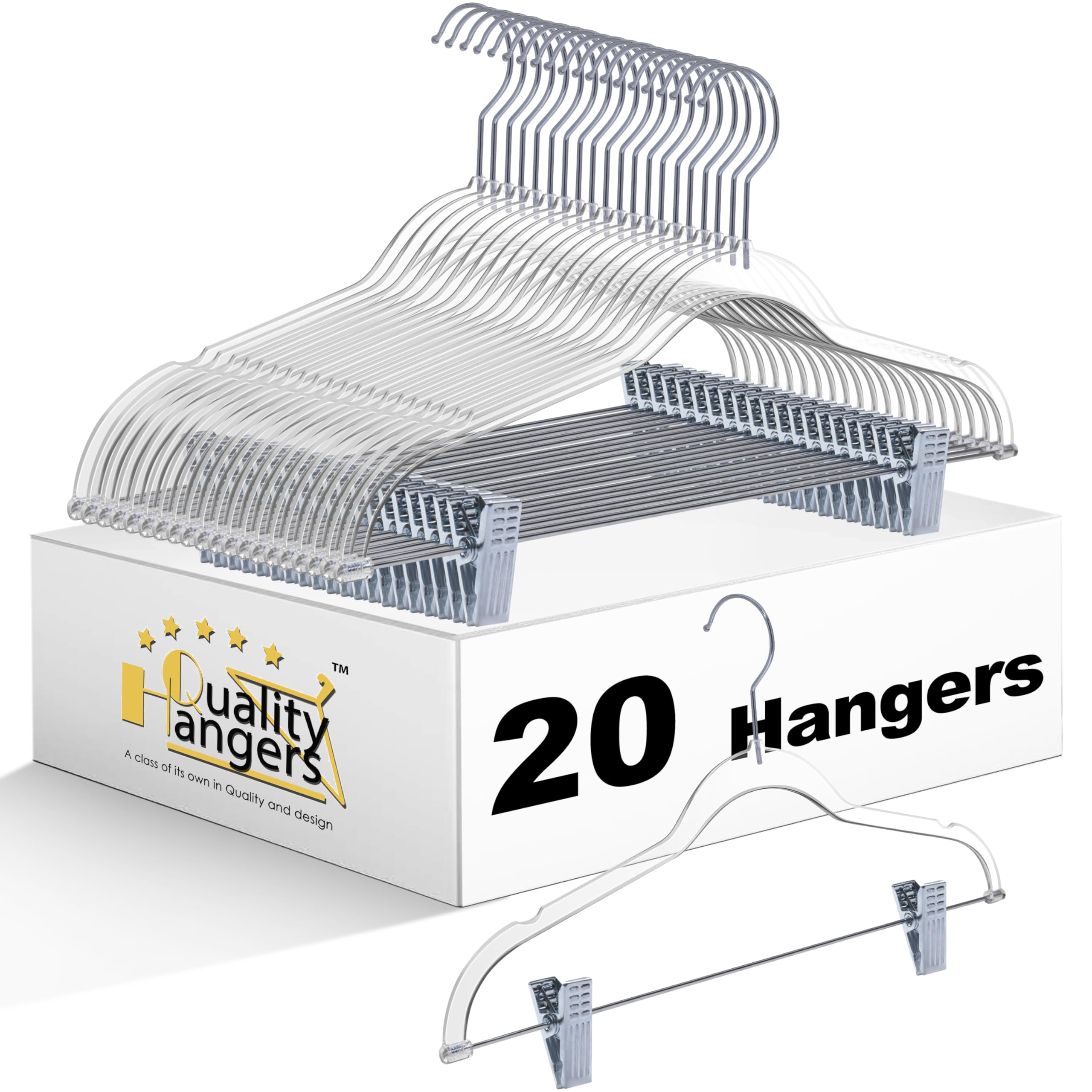 Quality Hangers clear pants hanger with clips for organizing suits and jeans.