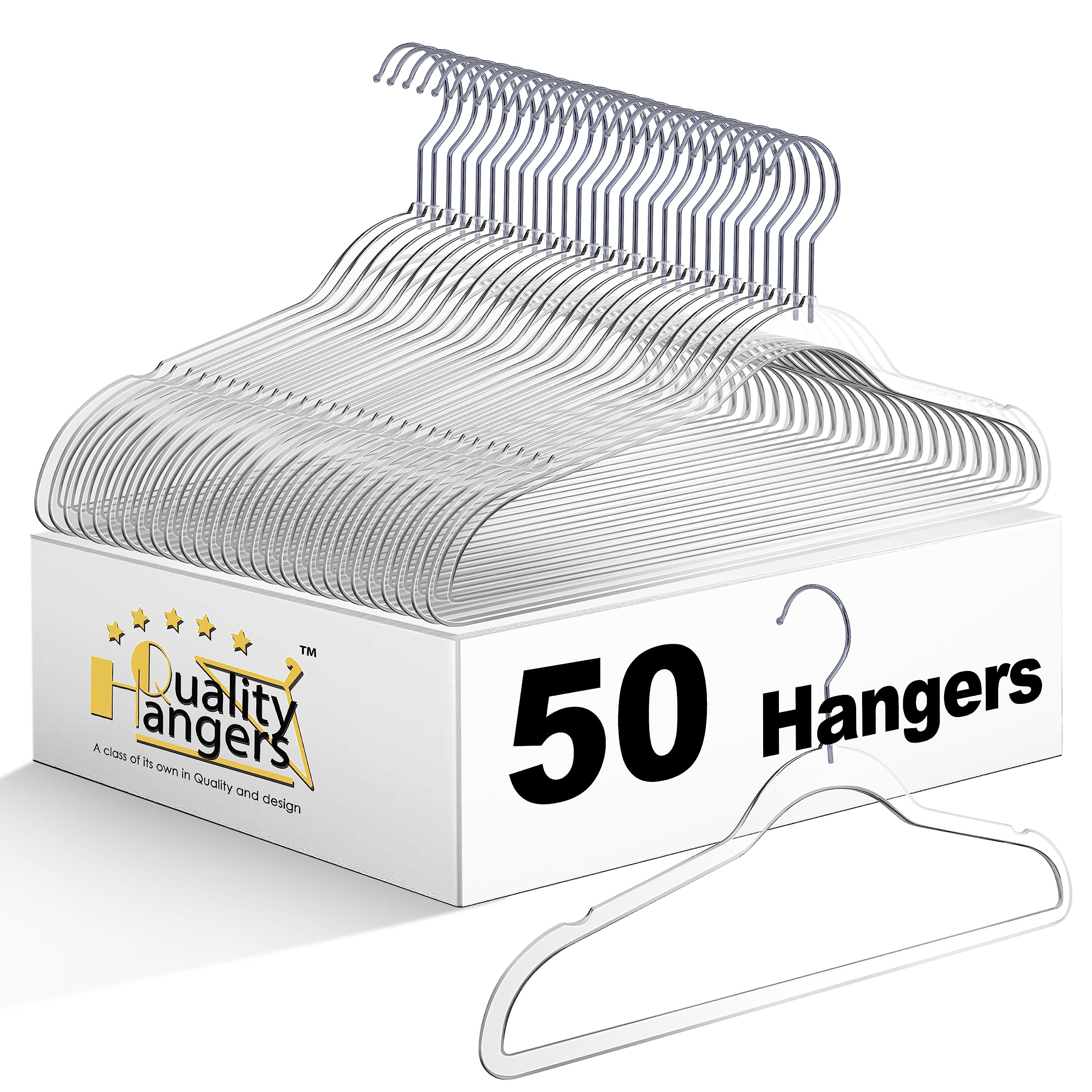 Quality Hangers clear plastic hangers, full view, for an organized closet.