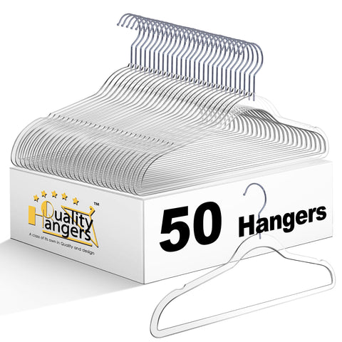 Quality Hangers clear plastic hangers, full view, for an organized closet.
