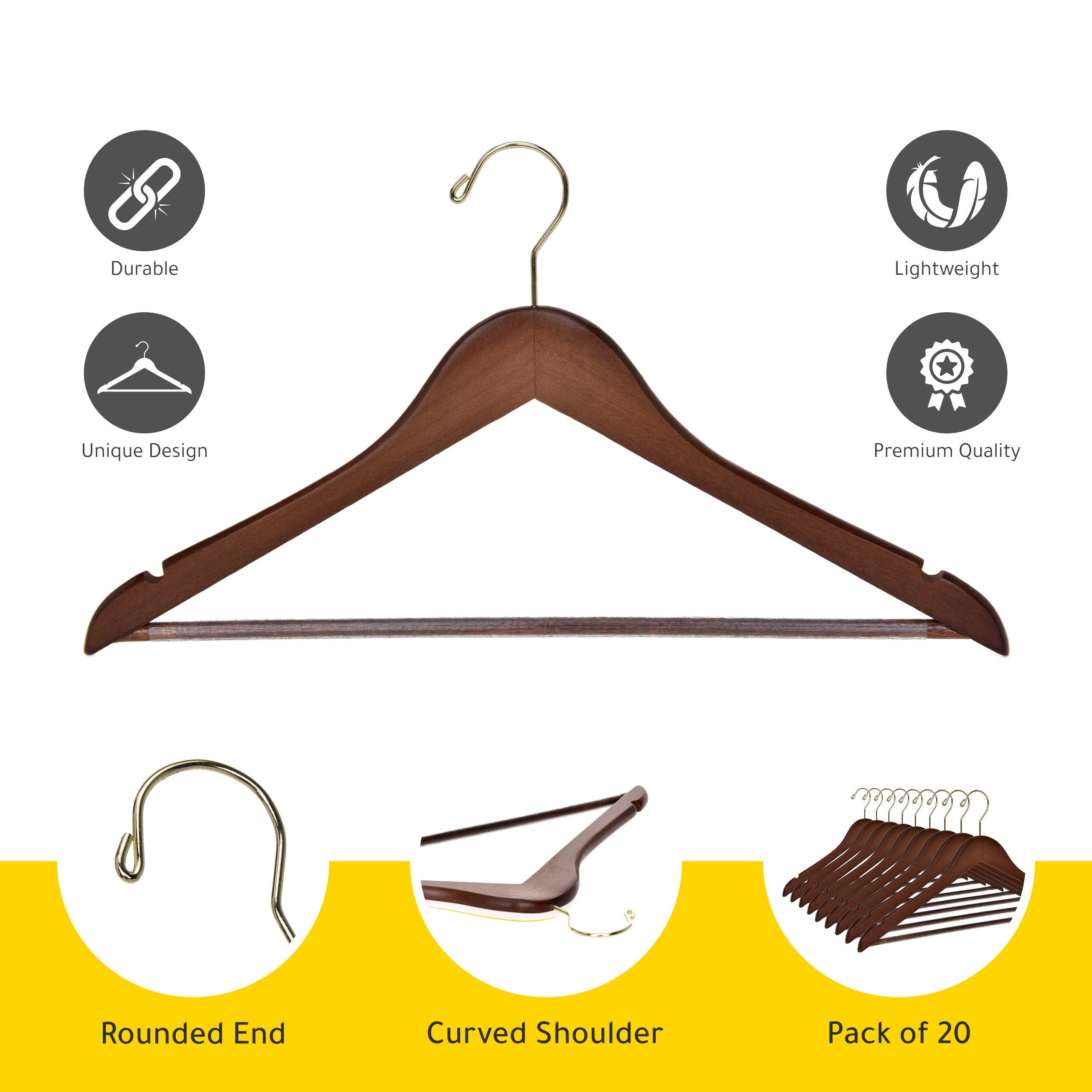 Quality Hangers contoured shoulder wood hangers maintain shoulder lines and reduce creases.