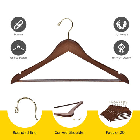 Quality Hangers contoured shoulder wood hangers maintain shoulder lines and reduce creases.