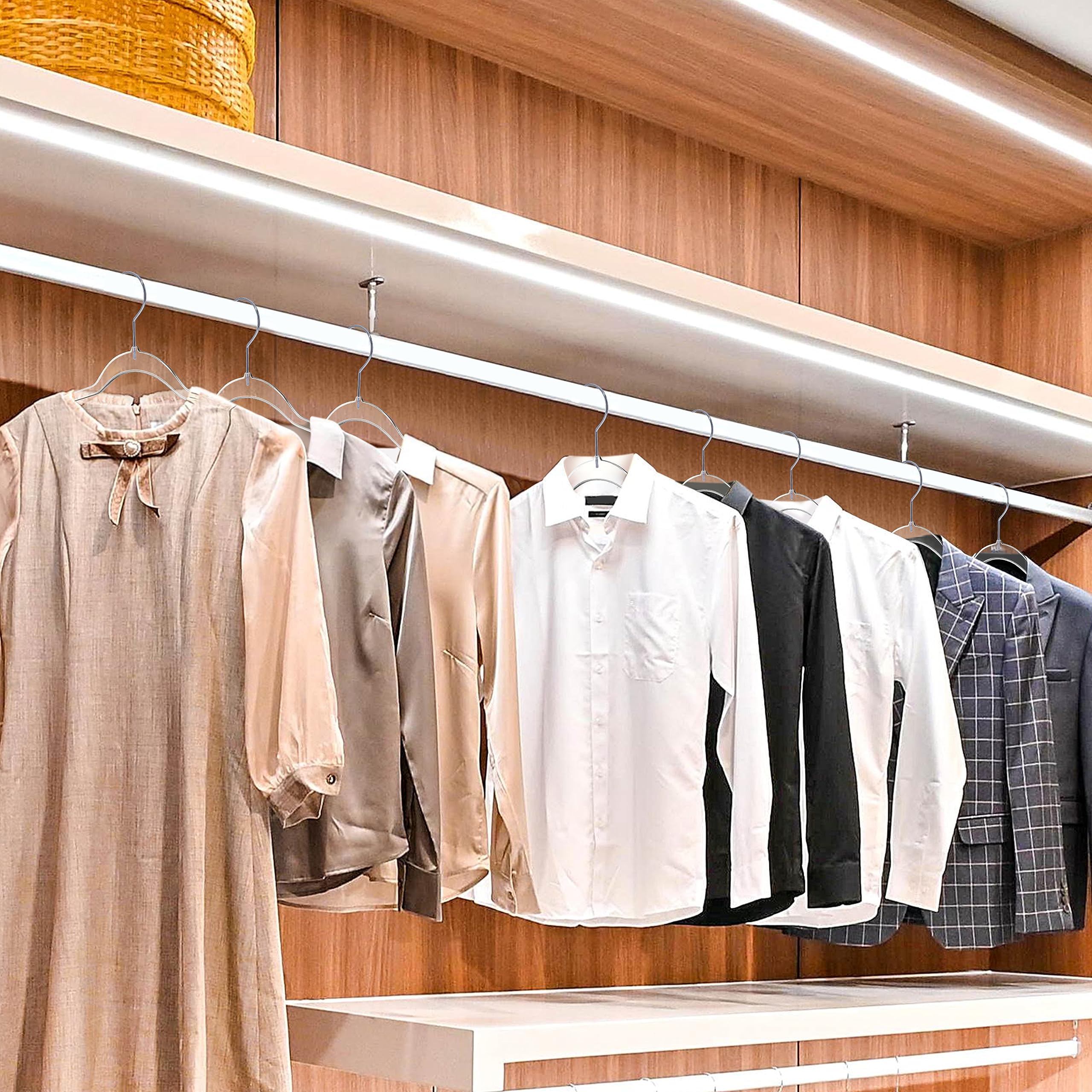 Quality Hangers crystal-clear acrylic look enhances wardrobe aesthetics.