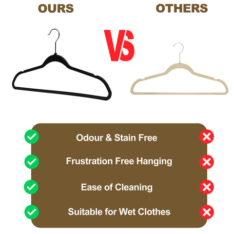 Quality Hangers curved shoulders protect fabrics and support coats during hanging.
