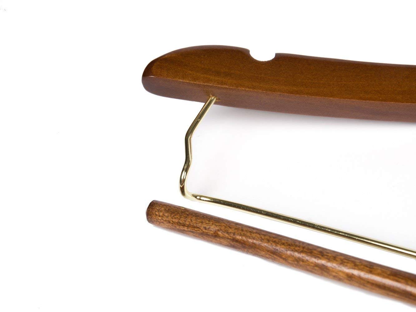 Quality Hangers curved wooden hanger with gold 360-degree swivel hooks for easy access.