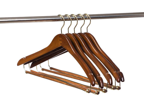 Quality Hangers curved wooden hanger with locking bar keeps garments secure.