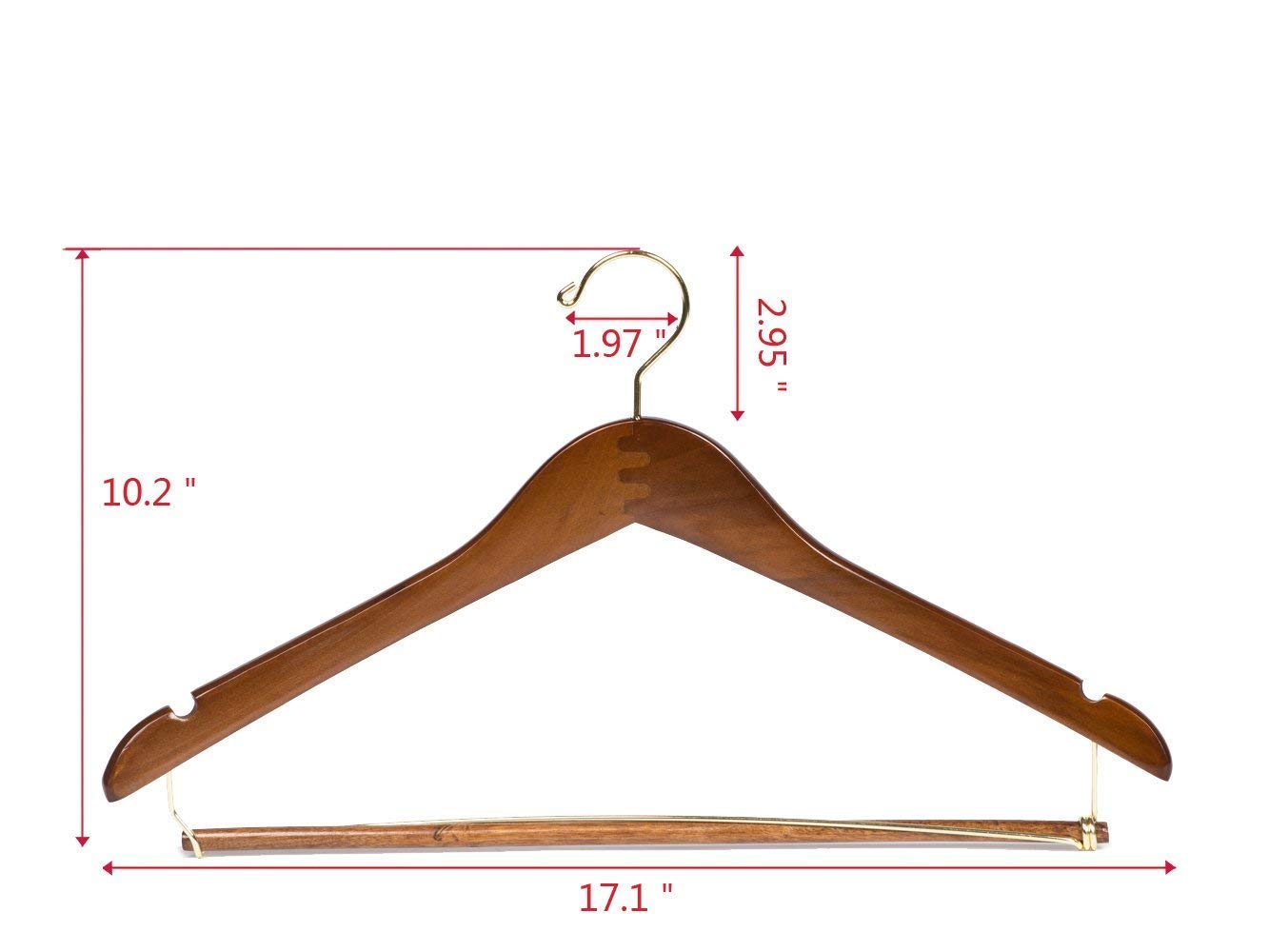 Quality Hangers curved wooden hanger with no-slip pants bar keeps pants in place.