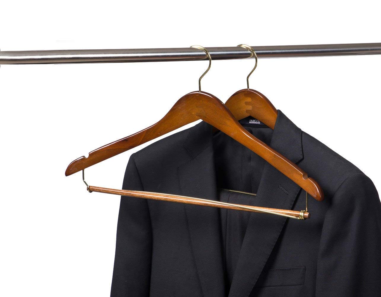 Quality Hangers curved wooden hanger with shoulder notches secures delicate straps.