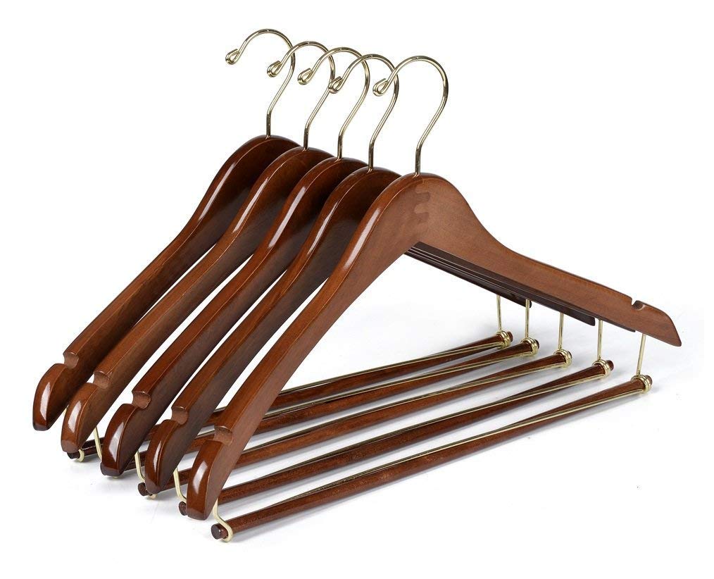 Quality Hangers curved wooden hanger with walnut finish for premium closet organization.