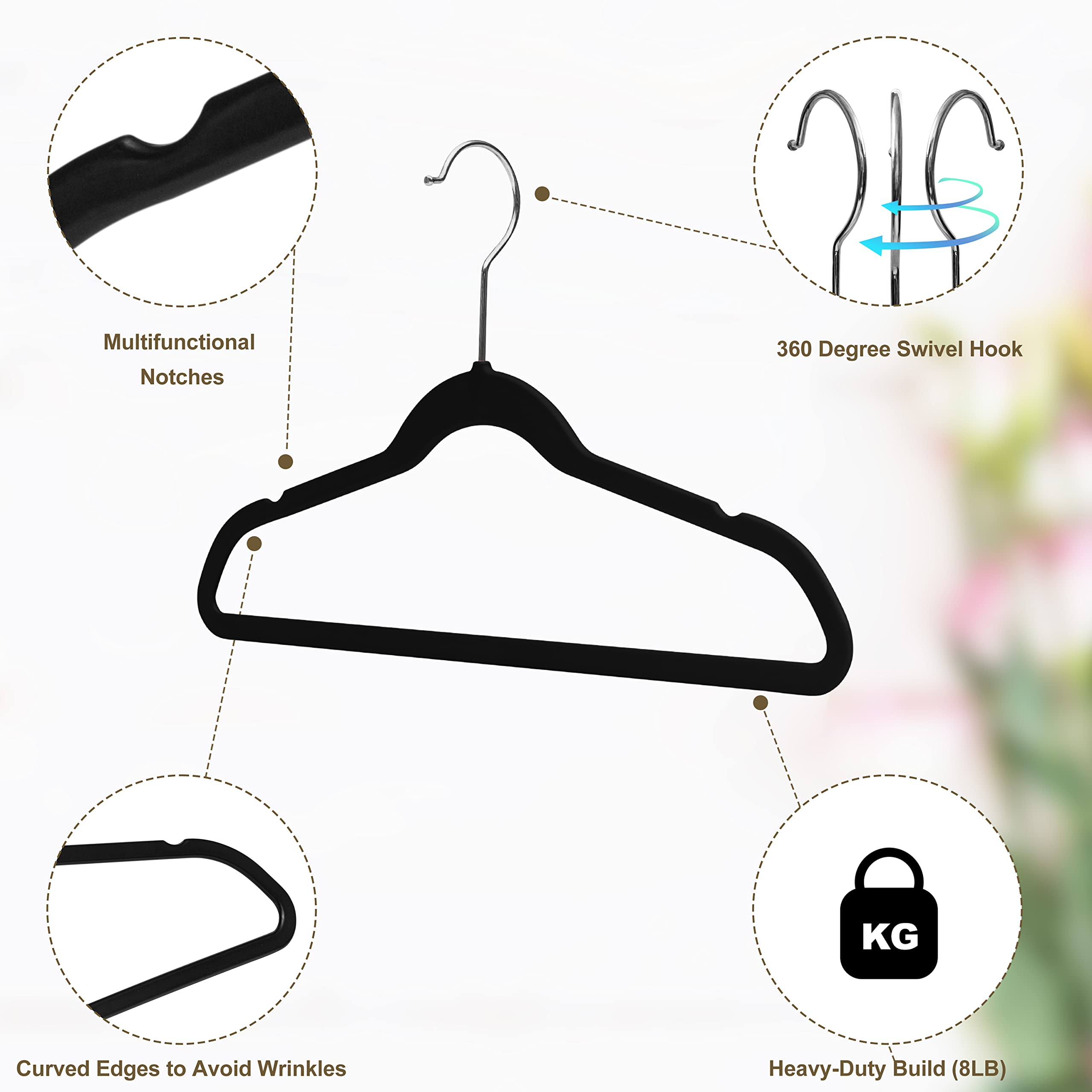Quality Hangers non-velvet finish reduces sticking on fabrics.